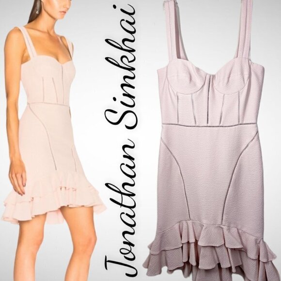 JONATHAN SIMKHAI Powder Pink Bustier Ruffle Wool Blend Mini Dress, Size 4 - Picture 3 of 10